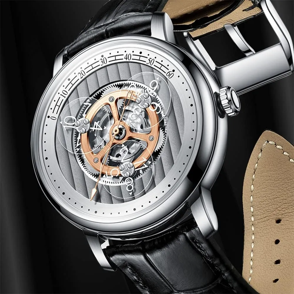 Men, Waterproof Watches for Men Dial Leather Band Skeleton Mechanical Watch 3 Transparent Hour Hand Wave Pattern tow miracle Sub-dials PINDU Automatic Watches for 
