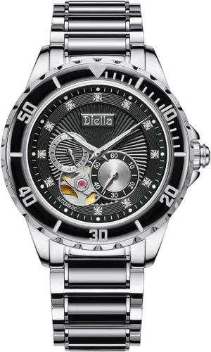 Men with Black Green Jade & Steel dry riddle Strap Diella Men's Automatic Mechanical Wrist Watches, Luxury Skeleton Watches for 
