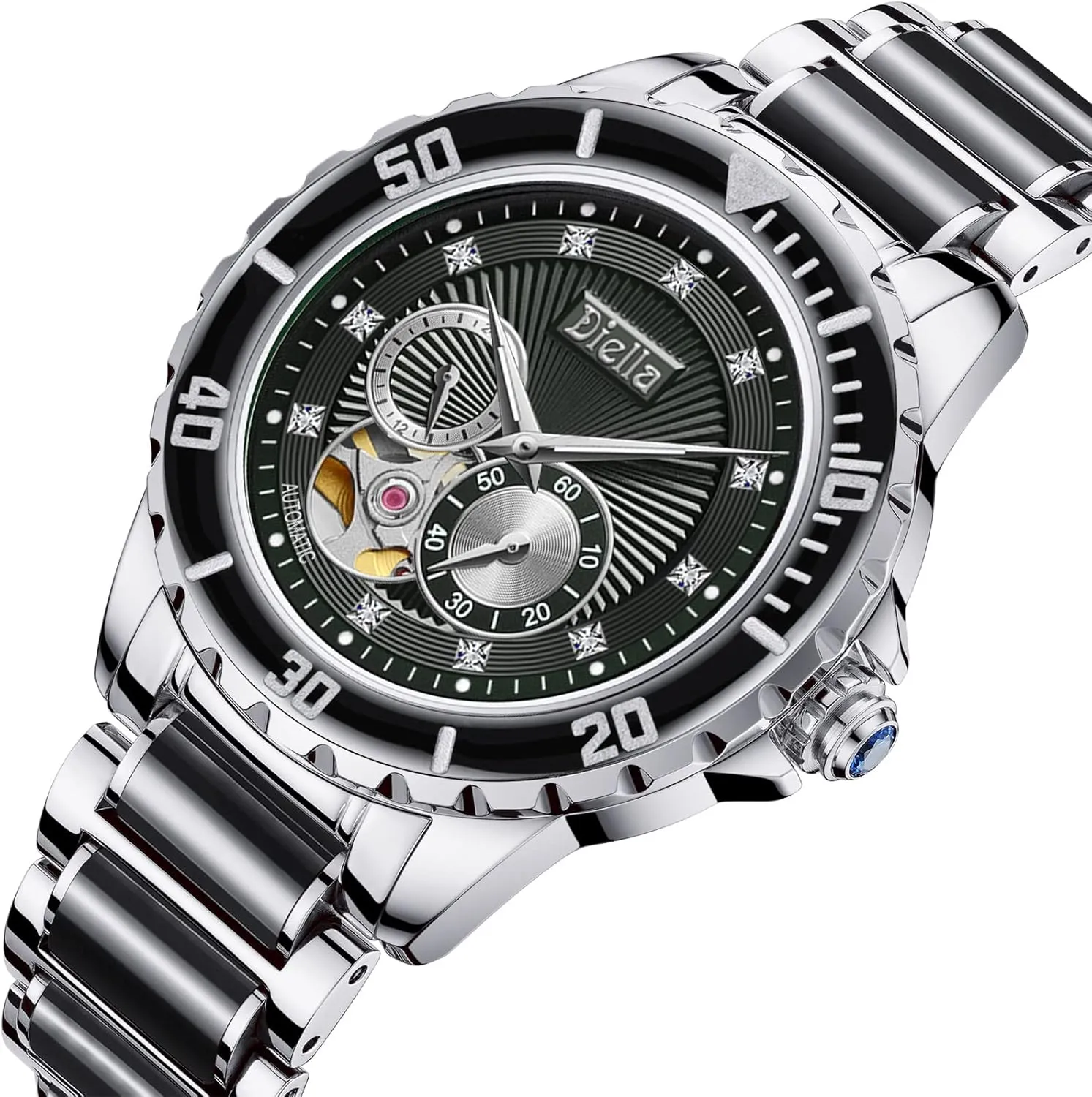 Men with Black Green Jade & Steel dry riddle Strap Diella Men's Automatic Mechanical Wrist Watches, Luxury Skeleton Watches for 