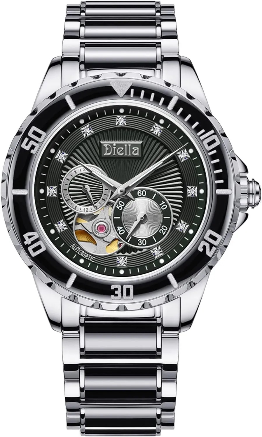 Men with Black Green Jade & Steel dry riddle Strap Diella Men's Automatic Mechanical Wrist Watches, Luxury Skeleton Watches for 