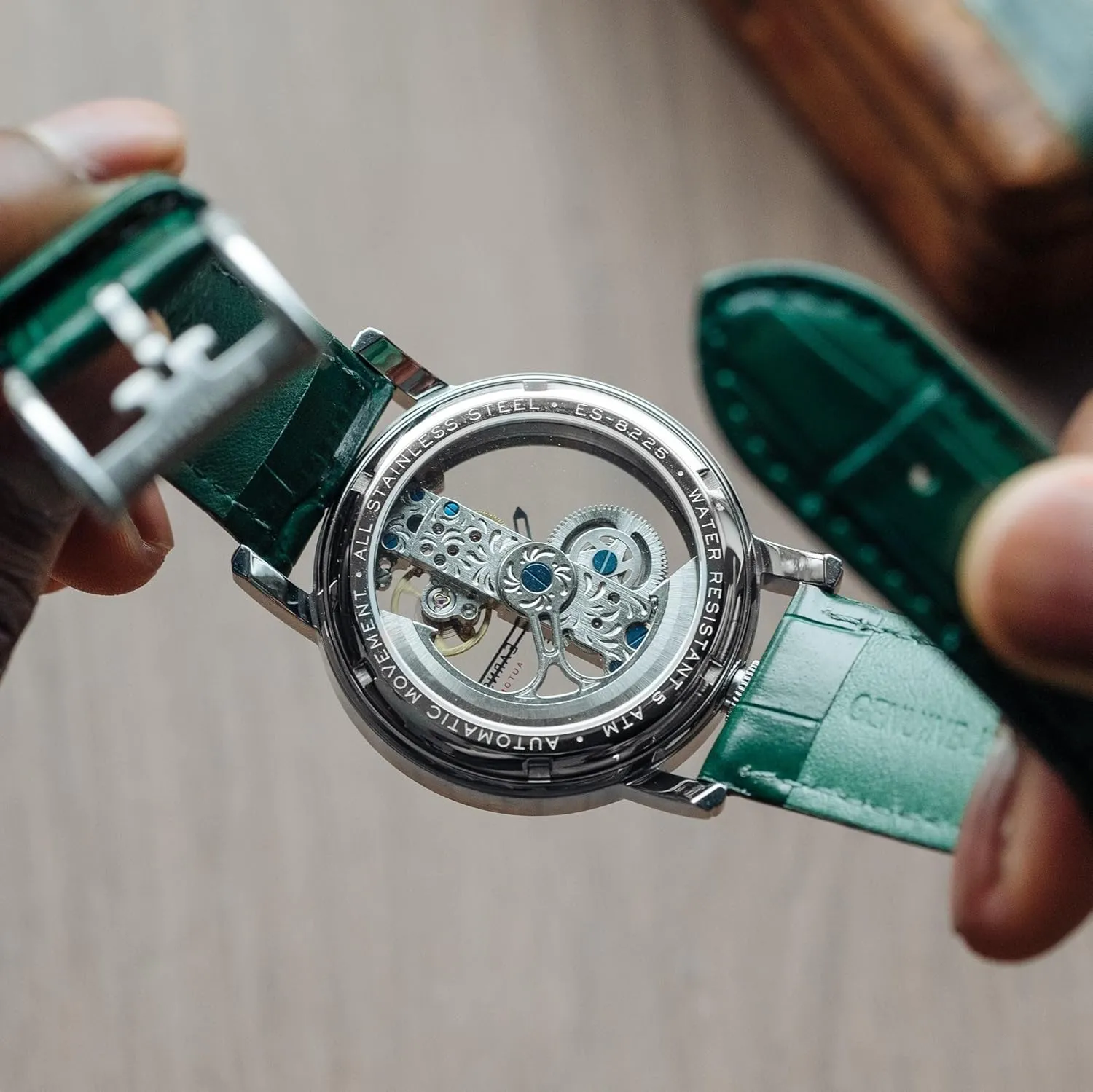 Men's 43mm Fowler sleigh obedience Bridge Automatic Watch with Leather Strap ES-8225 Thomas Earnshaw 