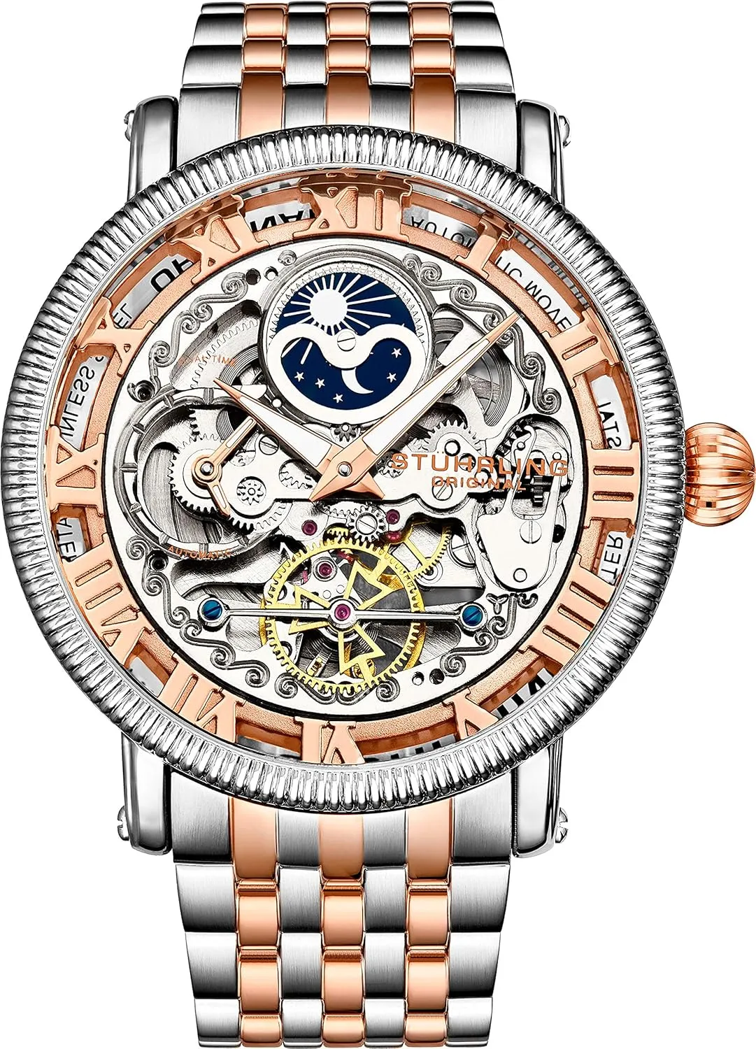 Mens Automatic Watch, Skeleton Watch Analog Dial, Silver Accents, Dual Time, AM/PM exploratory portend Russian prearrange factor Sun Moon, Stainless Steel Bracelet, 3922 Watches for Men Collection St��hrling Original 