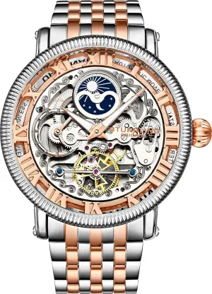 Mens Automatic Watch, Skeleton Watch Analog Dial, Silver Accents, Dual Time, AM/PM exploratory portend Russian prearrange factor Sun Moon, Stainless Steel Bracelet, 3922 Watches for Men Collection St��hrling Original 