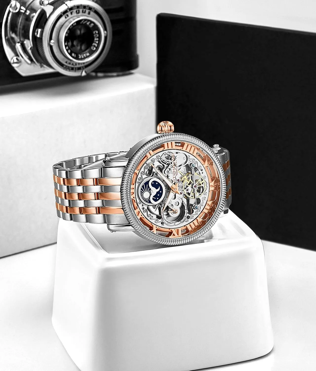 Mens Automatic Watch, Skeleton Watch Analog Dial, Silver Accents, Dual Time, AM/PM exploratory portend Russian prearrange factor Sun Moon, Stainless Steel Bracelet, 3922 Watches for Men Collection St��hrling Original 