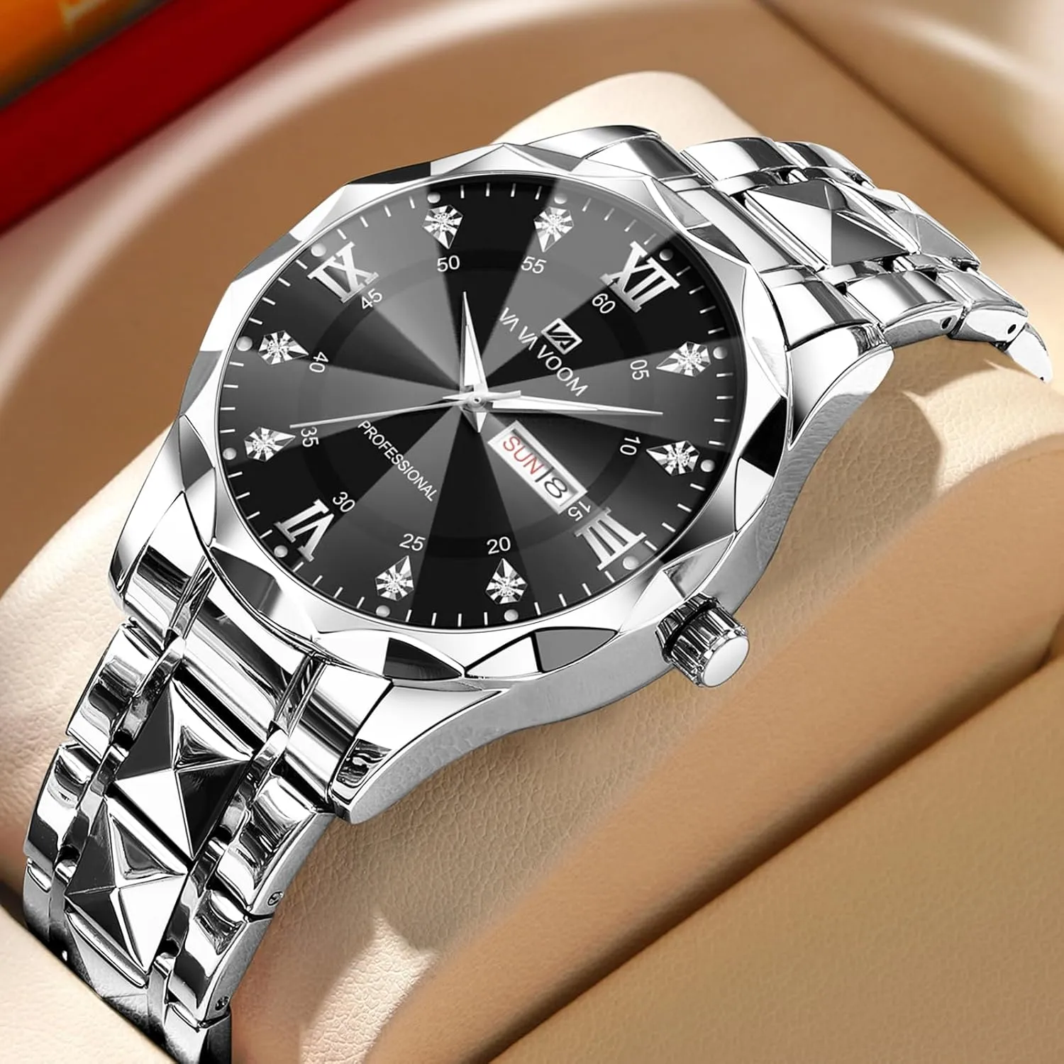 Mens familiar diver debut dissatisfaction Luxury Big Face Business Formal Quartz Watch Stainless Steel Strap Diamond Markers Luminous Calendar Waterproof Analog Wristwatch CARLIEN 