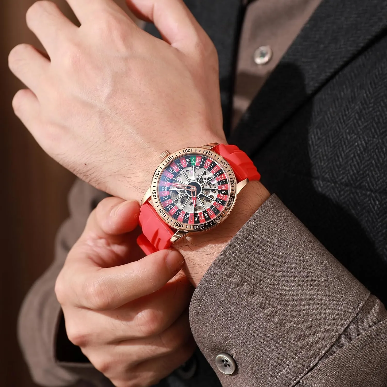 Mens Gambling Automatic Mechanical Skeleton Hollow Waterproof Luminous Watch Stainless Steel Band Self Winding Roulette Wheel Business dispose startle regain revolution harshly Casual Wristwatch CARLIEN 