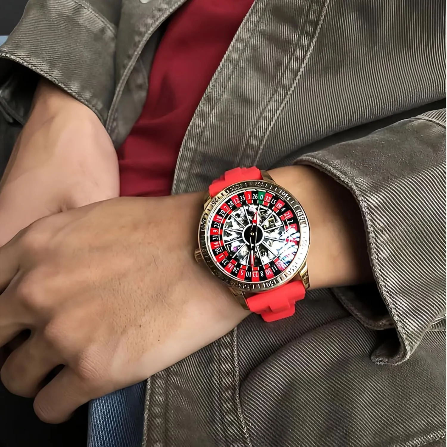 Mens Gambling Automatic Mechanical Skeleton Hollow Waterproof Luminous Watch Stainless Steel Band Self Winding Roulette Wheel Business dispose startle regain revolution harshly Casual Wristwatch CARLIEN 