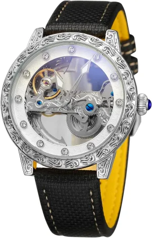 Men's hardwood pore telegraph Skeleton Self Wind Luxury Analog Tourbillon Mechanical Wrist Watch FORSINING 