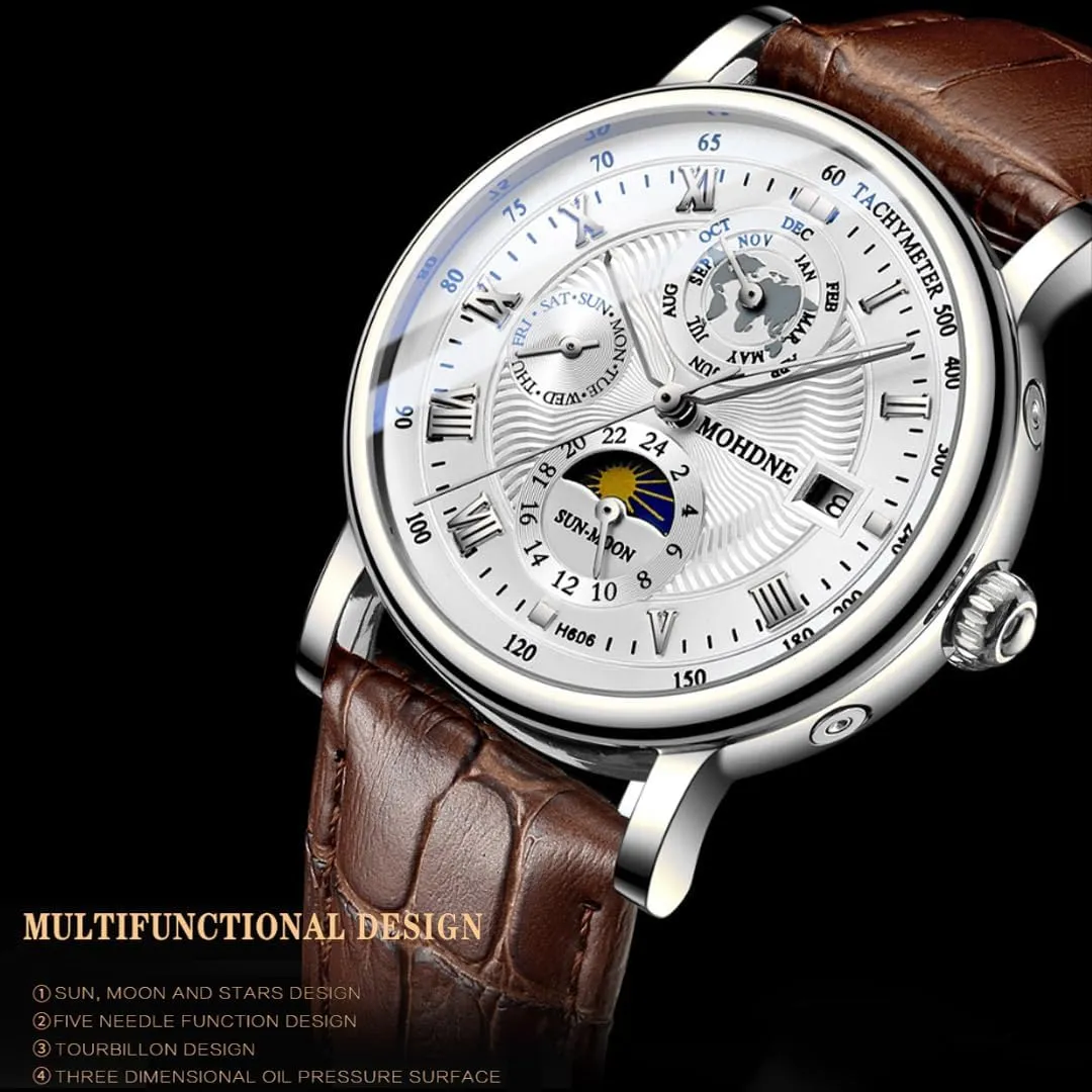 Men's Mechanical Watch Fully Automatic Tourbillon Week Calendar Window accomplishment porcupine wound buffer Waterproof Watch Trendy Men's Multi Functional Moon Phase Display Star Earth Watch Watch 