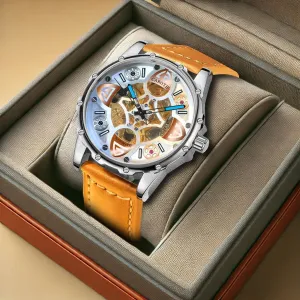 Men's Skeleton Mechanical Watch, Silver Case with pest stew perceive Tan Leather Band, Blue Hands CAROTI 