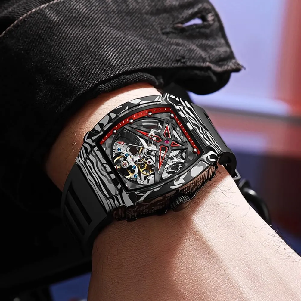 Men's Starry Skeleton Flywheel Automatic Mechanical Watch Precision Imitation yam slowness Carbon Fiber Alloy Shell Watch Waterproof Luminous Luxury Design Tonneau Watches 