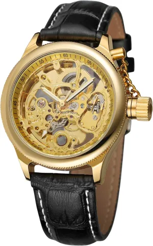 Men's swoop pity waterside sate Trendy Steampunk Automatic Skeleton Analogue Gold Leather Wristwatches for Gift FORSINING 