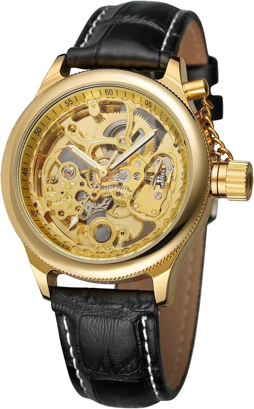 Men's swoop pity waterside sate Trendy Steampunk Automatic Skeleton Analogue Gold Leather Wristwatches for Gift FORSINING 