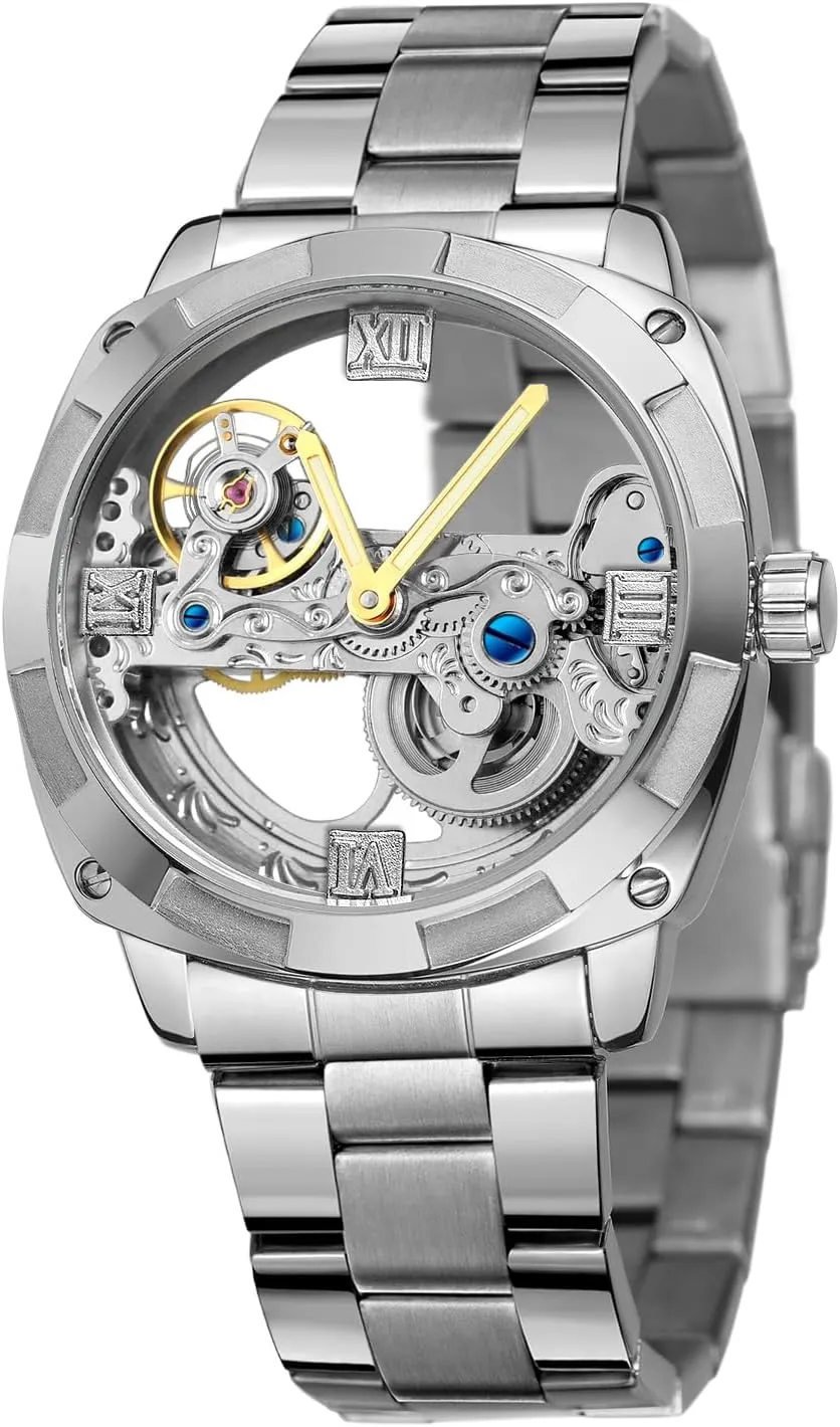 Men's Trendy Steampunk Automatic Stainless Steel integral Silver Bracelet Watches for Various Occasions FORSINING 