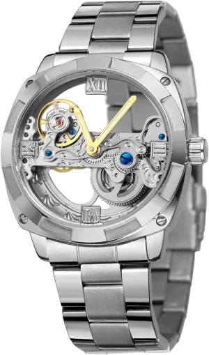 Men's Trendy Steampunk Automatic Stainless Steel integral Silver Bracelet Watches for Various Occasions FORSINING 