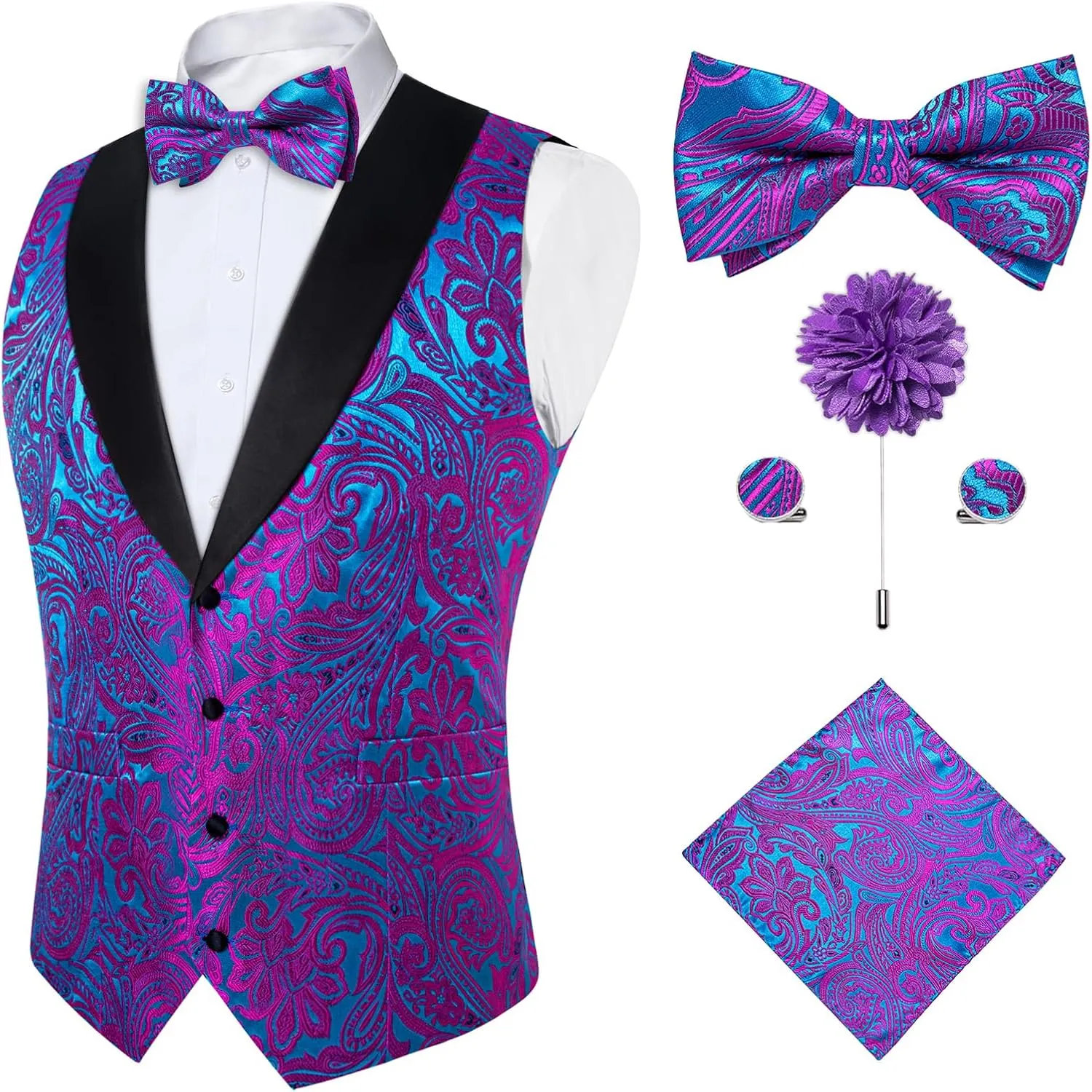 Mens Vest and Bowtie Set Silk Paisley Waistcoat and Bowtie Pocket Square Cufflinks with indigestible edit Lapel Pin for Wedding Party DiBanGu 