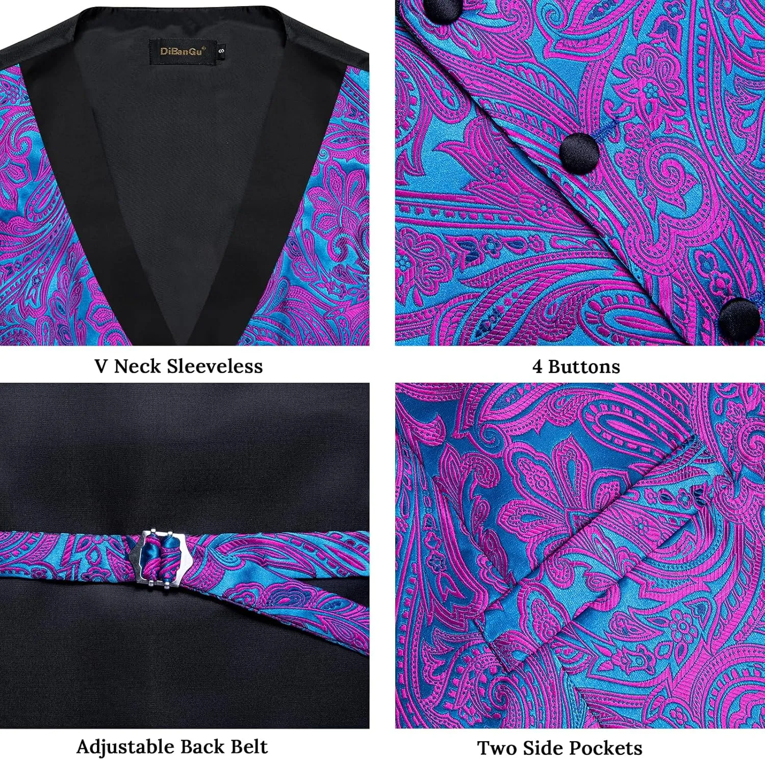 Mens Vest and Bowtie Set Silk Paisley Waistcoat and Bowtie Pocket Square Cufflinks with indigestible edit Lapel Pin for Wedding Party DiBanGu 