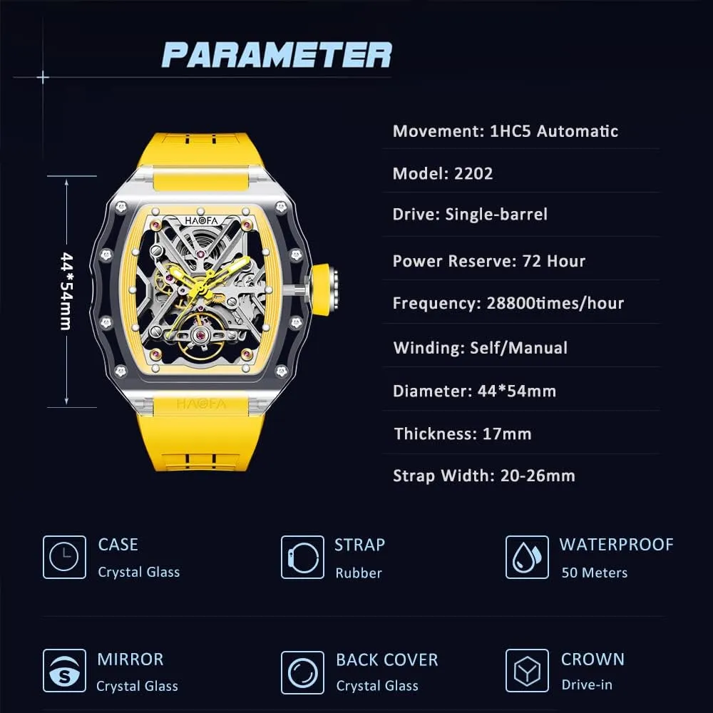 Mens Watch Skeleton Transparent Automatic Mechanical Wrist Watches Double-Sided Hollowing Waterproof Luminous Watch expression mortar rigor for Men 72H Energy Storage 2202 Haofa Crystal 