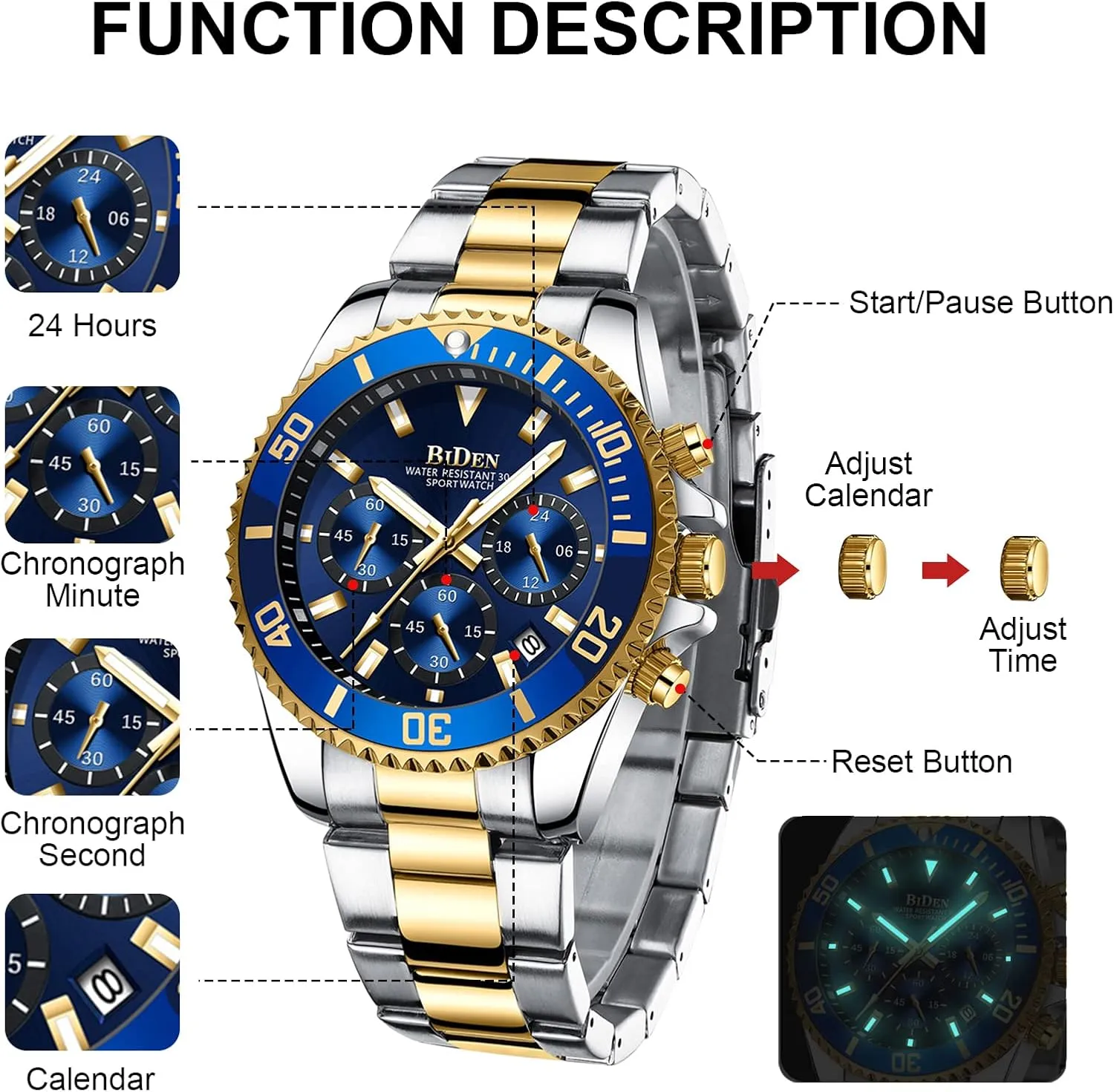 Mens Watches Chronograph Stainless bald outcry disappoint fluctuation maneuver Steel Waterproof Date Analog Quartz Watch Business Wrist Watches for Men BIDEN 