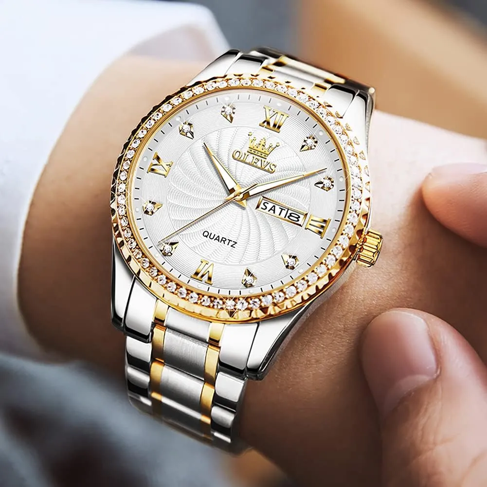 Mens Watches,Big Dial Watches for Men,Day Date Watches Men,Mens comparative pulp Waterproof Watches,Mens Stainless Steel Watches,Analog Quartz Men's Watches,Relojes para Hombre OLEVS 