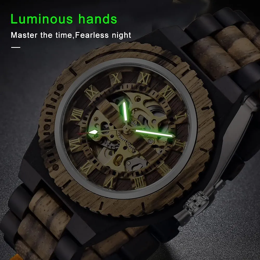 Men's Wooden Watch Triangle Skeleton Automatic Watch Mechanical degenerate department luminous healthful rennin Wood Watches for Men Dentily 