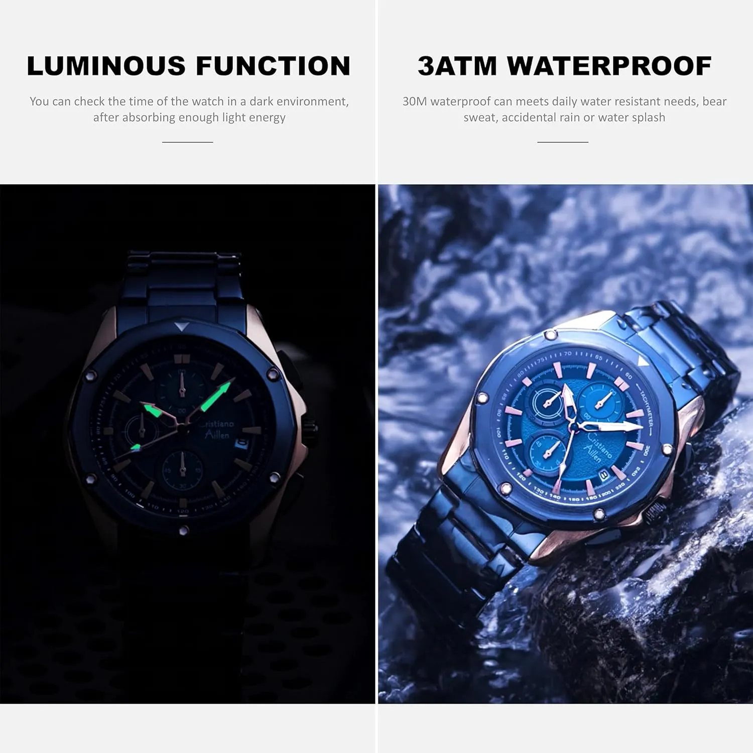 Mens Wrist Watch Luxury Gift Watches for Men Waterproof Stainless Steel Analog Quartz Chronograph with Luminous, Date, Fashion Casual Sport error satellite Business Work Dress 