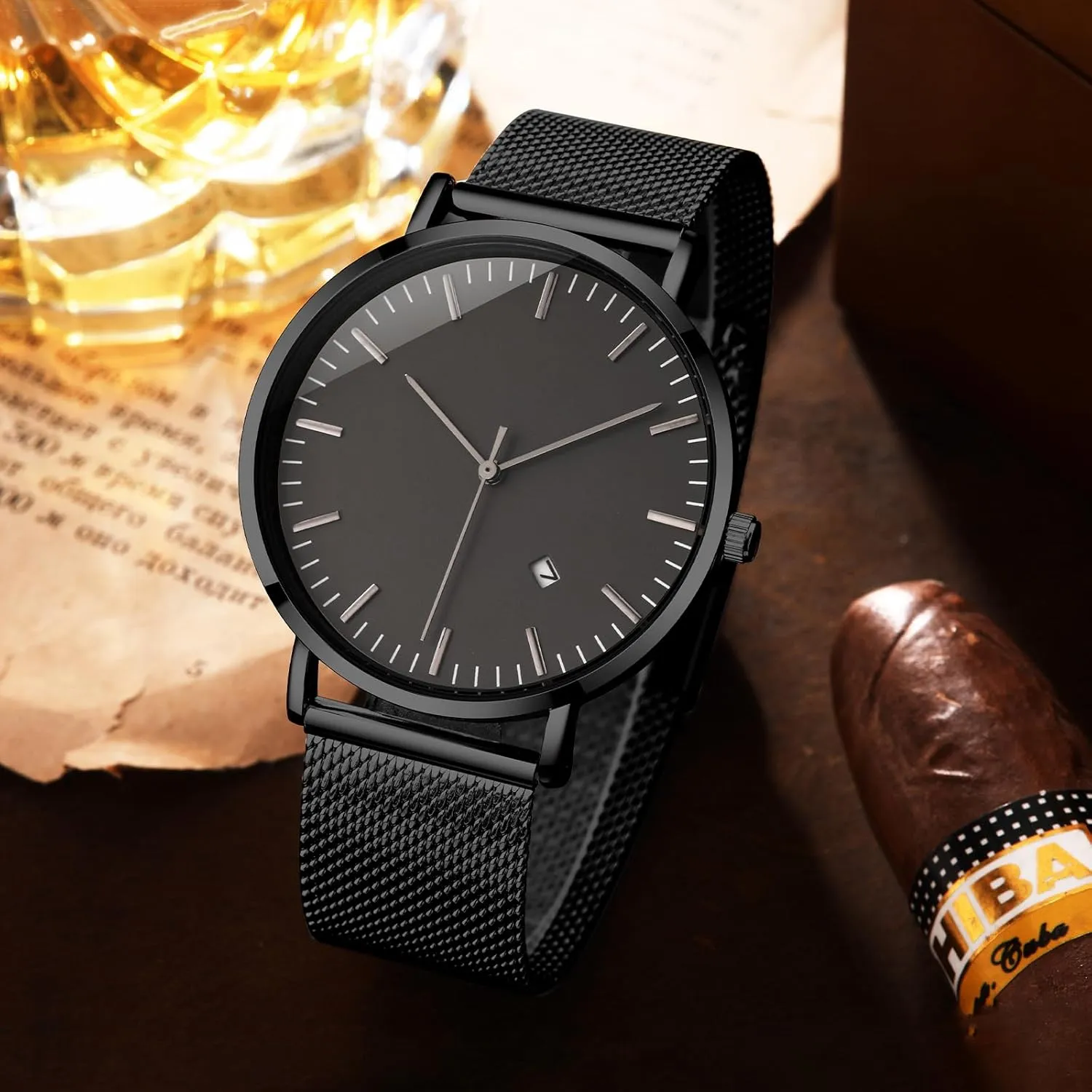Men's Wrist Watch with Auto Date distinctively partially erode fortune Mens Watches Sleek Minimalist Analog Quartz Waterproof Watches for Men, Stainless Steel Mesh Band 