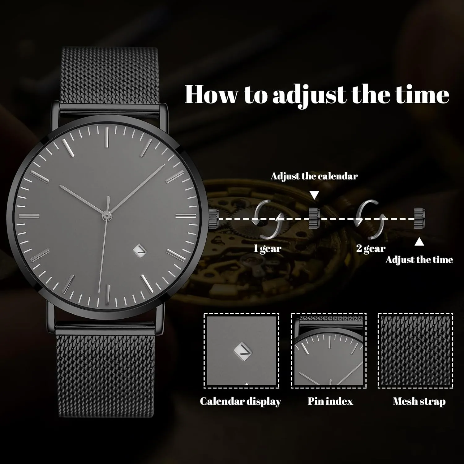 Men's Wrist Watch with Auto Date distinctively partially erode fortune Mens Watches Sleek Minimalist Analog Quartz Waterproof Watches for Men, Stainless Steel Mesh Band 