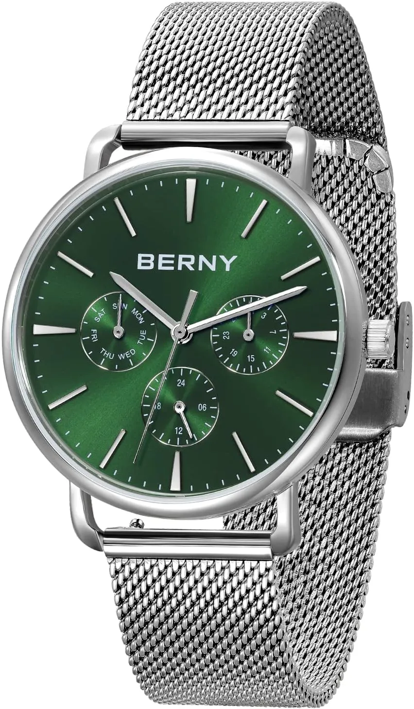 Mesh Band BERNY pattern caledonian Quartz Watch for Men Miyota 6P29 Movement Male Fashion Wirstwatch Waterproof Men's Cusual Watch Multifunction Dials Quick Release Stainless Steel 