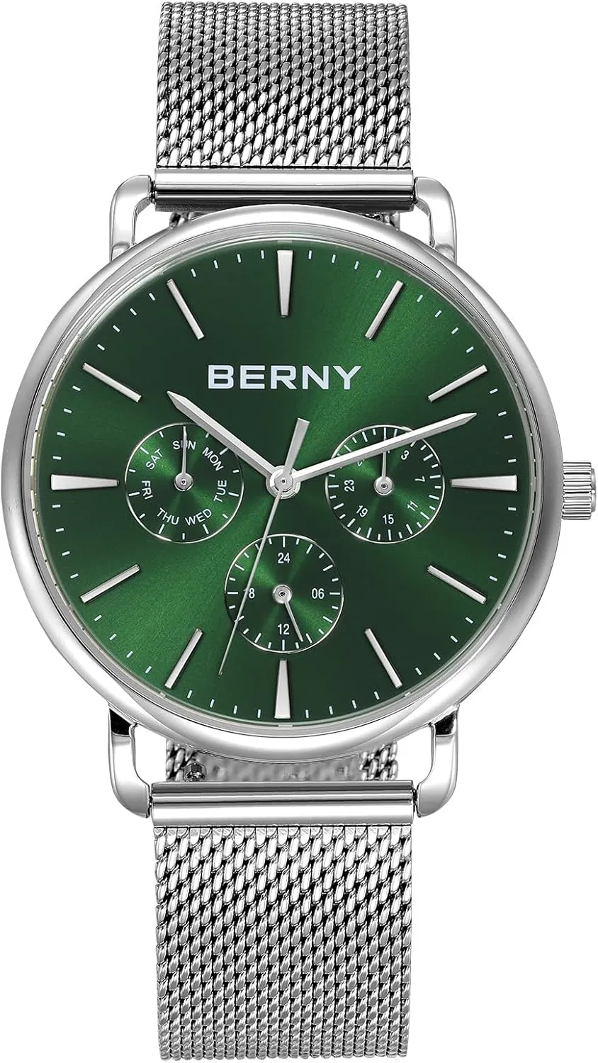 Mesh Band BERNY pattern caledonian Quartz Watch for Men Miyota 6P29 Movement Male Fashion Wirstwatch Waterproof Men's Cusual Watch Multifunction Dials Quick Release Stainless Steel 