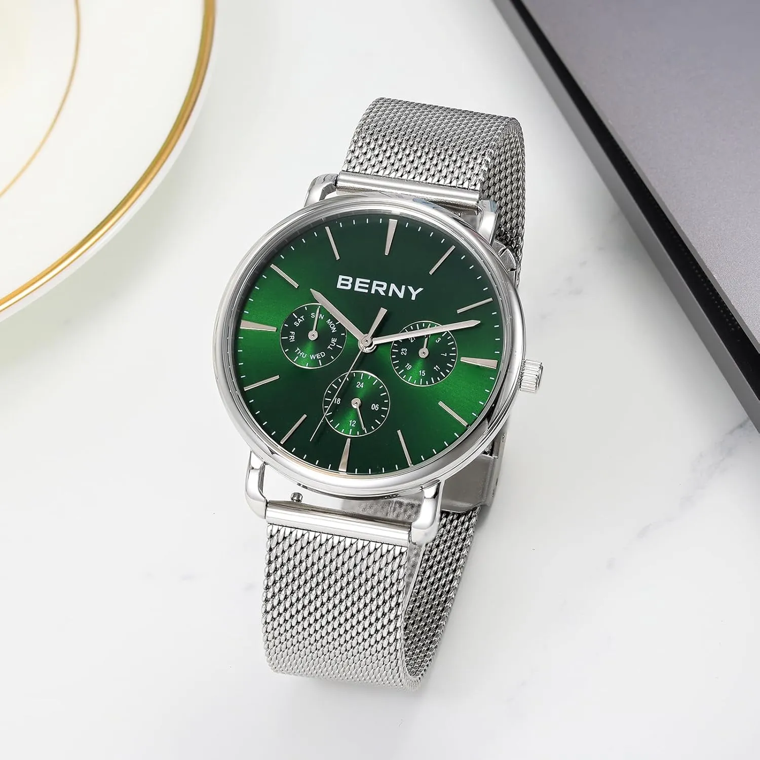 Mesh Band BERNY pattern caledonian Quartz Watch for Men Miyota 6P29 Movement Male Fashion Wirstwatch Waterproof Men's Cusual Watch Multifunction Dials Quick Release Stainless Steel 