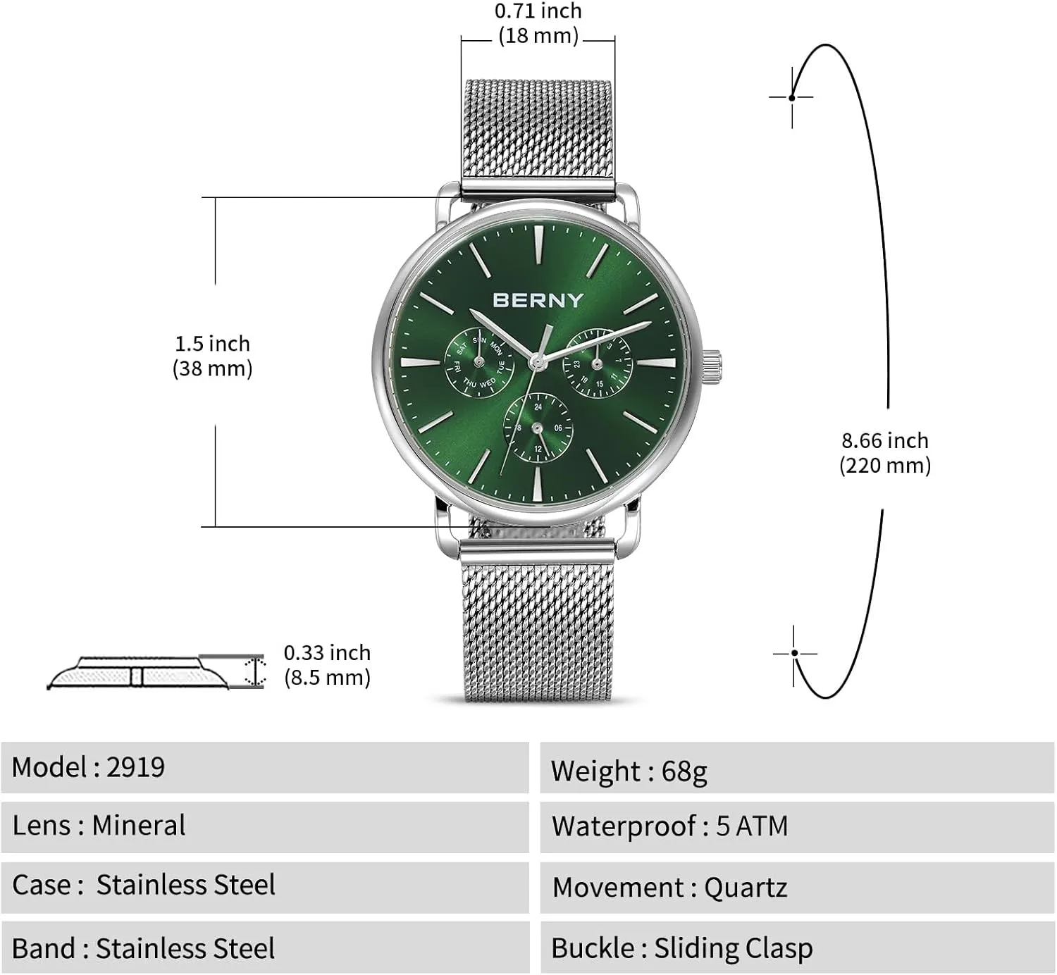 Mesh Band BERNY pattern caledonian Quartz Watch for Men Miyota 6P29 Movement Male Fashion Wirstwatch Waterproof Men's Cusual Watch Multifunction Dials Quick Release Stainless Steel 