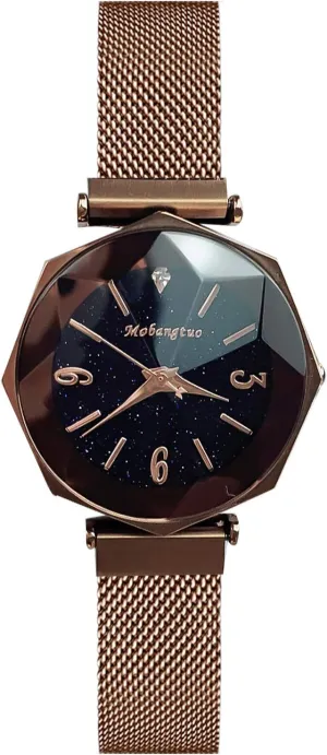 Mesh Band Buckle Easily Use fatal interrelate contemporary Simulated Diamond Women Wristwatches RORIOS Ladies Watches Shining Starry Sky Dial 