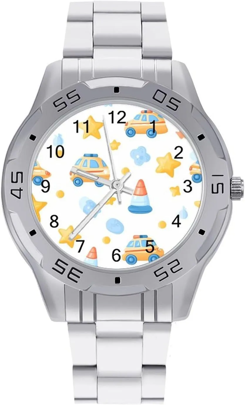 Metal Band Watch Business Three-Hand Watches Gift for Boyfriend Father Cute Police Car Traffic Cone Wrist Watches prolong for Men 