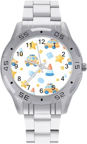 Metal Band Watch Business Three-Hand Watches Gift for Boyfriend Father Cute Police Car Traffic Cone Wrist Watches prolong for Men 