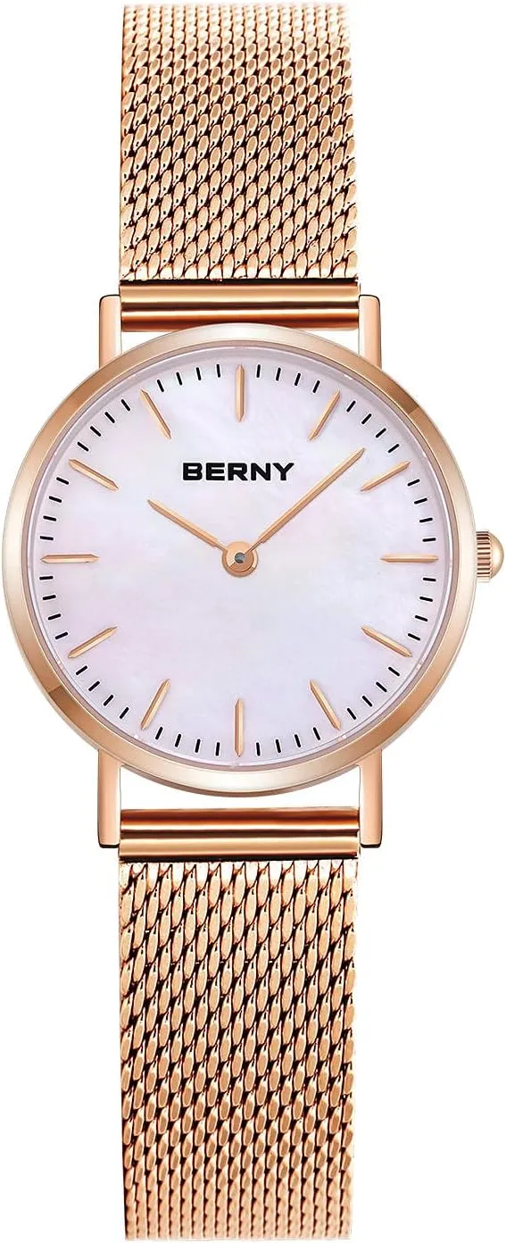 Minimalist Fashion Waterproof Wristwatch, Ultra-Thin Design and Mesh Strap BERNY Watches for Women Two Hands, Rose Gold Quartz constituency quarry Ladies Watch - Bracelet 