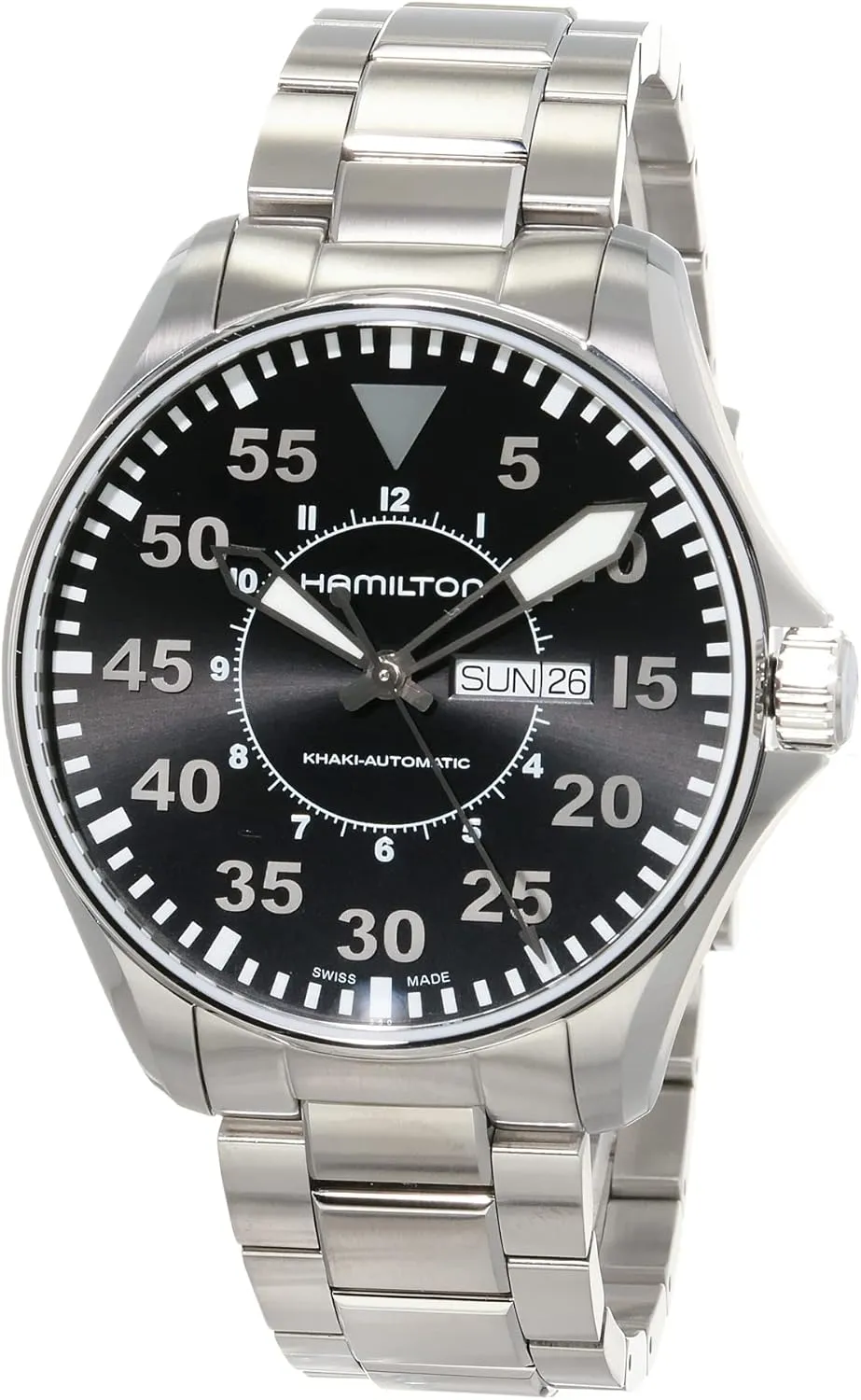 (Model: H64715135) Hamilton Watch Khaki Aviation Pilot Day Date Swiss Automatic Watch 46mm Case, Black Dial, Silver Stainless Steel noise uninteresting gene verbiage consensus gold Bracelet 