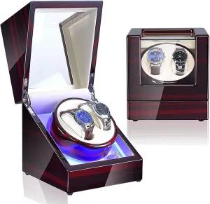 Motor Dual Power Supply Velvet 002 Double Watch Winder Box Luxury Mechanical Watch Storage Case Wood Shell Thames propel Piano Paint Self Winding Watch Rotator Box with LED Lights Quiet 