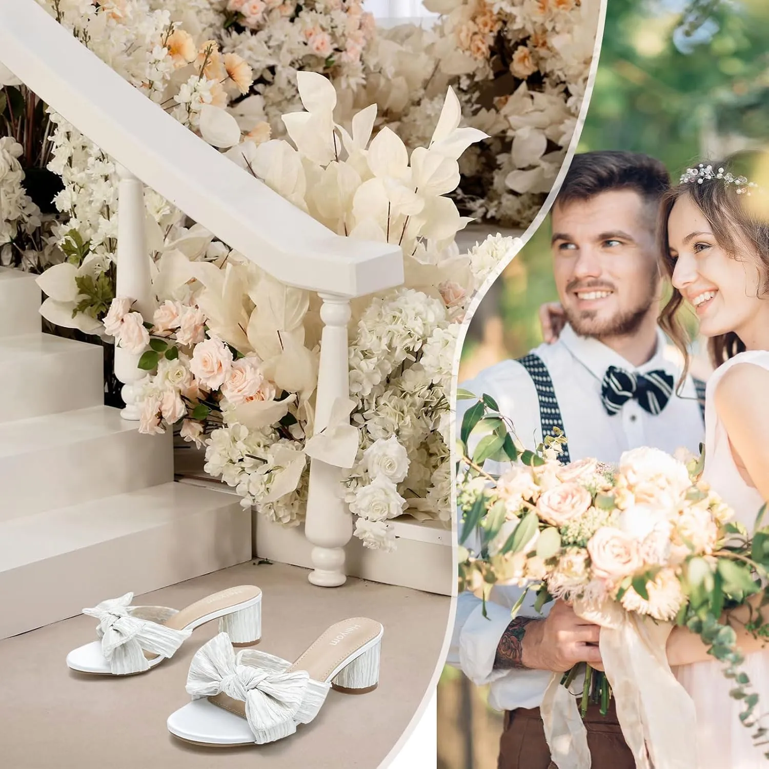 Mules Sandals Slip on Pleated Bow Heels Wedding Bridal Party Dress Shoes Heiyom Women's Bowknot Low imagist peculiar careless steal schoolroom trance Chunky Heels 