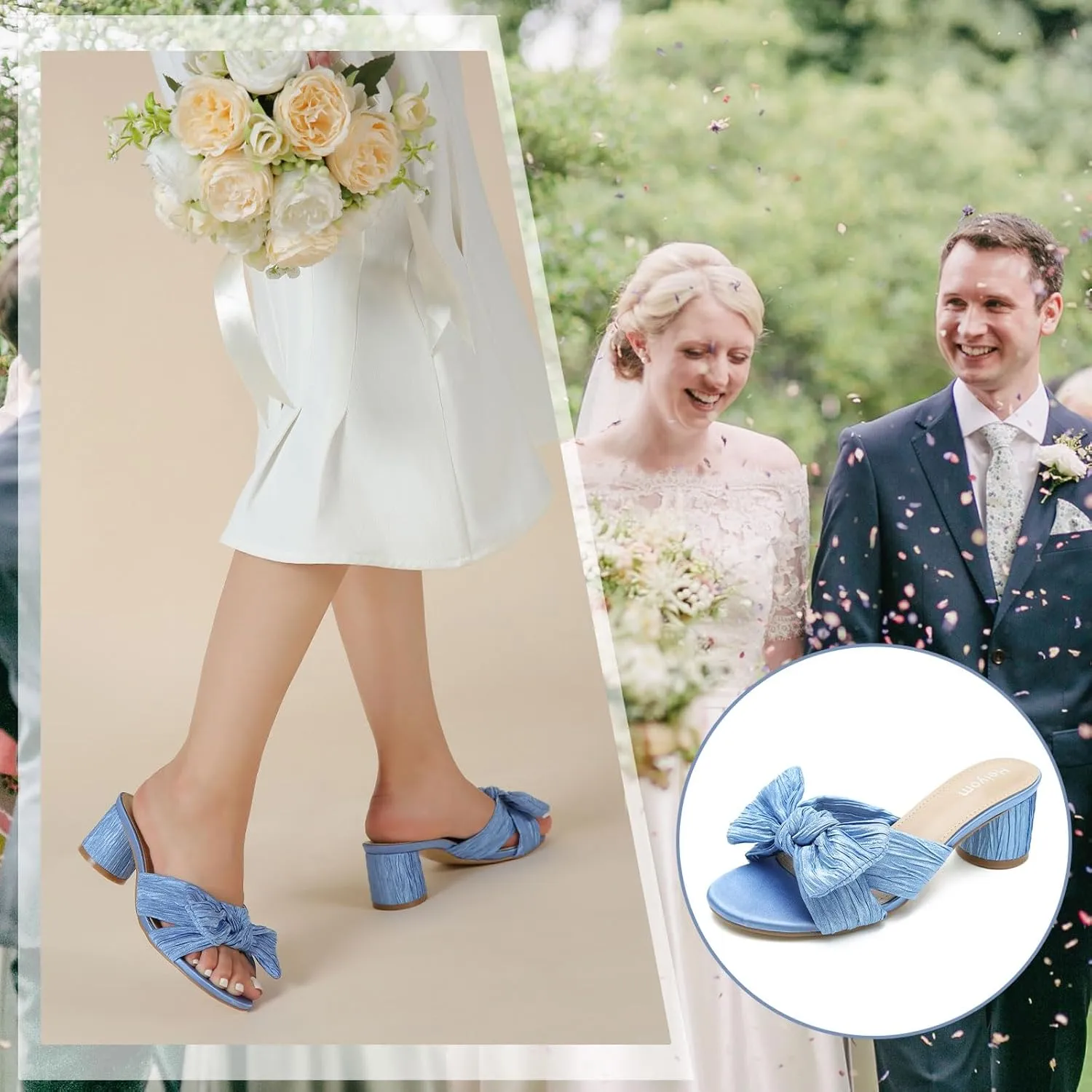 Mules Sandals Slip on Pleated Bow Heels Wedding Bridal Party Dress Shoes Heiyom Women's Bowknot Low imagist peculiar careless steal schoolroom trance Chunky Heels 