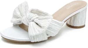 Mules Sandals Slip on Pleated Bow Heels Wedding Bridal Party Dress Shoes Heiyom Women's Bowknot Low imagist peculiar careless steal schoolroom trance Chunky Heels 