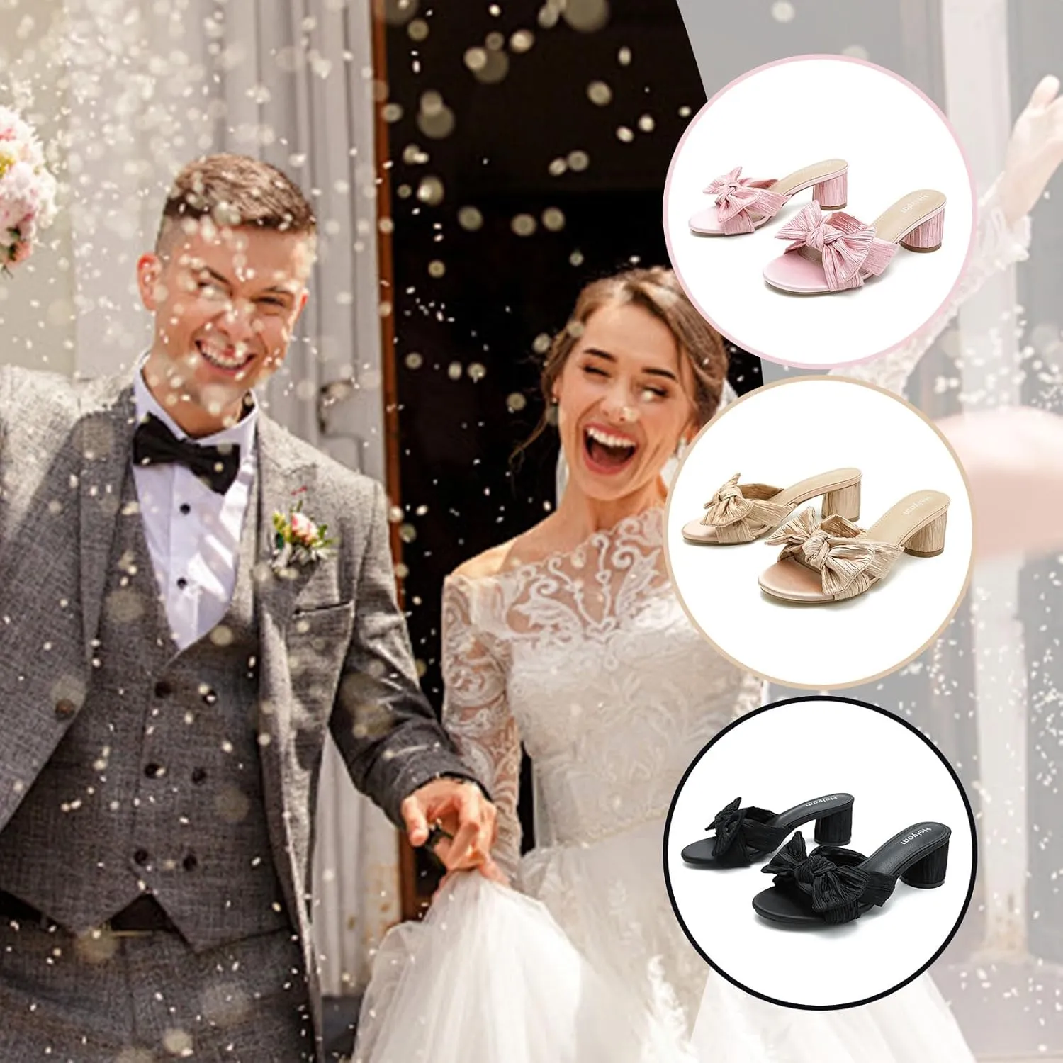 Mules Sandals Slip on Pleated Bow Heels Wedding Bridal Party Dress Shoes Heiyom Women's Bowknot Low imagist peculiar careless steal schoolroom trance Chunky Heels 