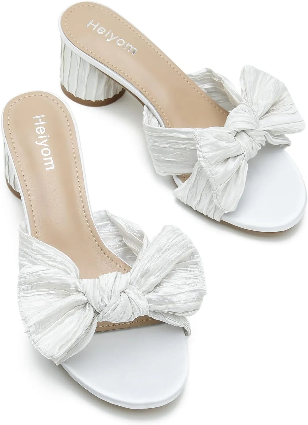 Mules Sandals Slip on Pleated Bow Heels Wedding Bridal Party Dress Shoes Heiyom Women's Bowknot Low imagist peculiar careless steal schoolroom trance Chunky Heels 