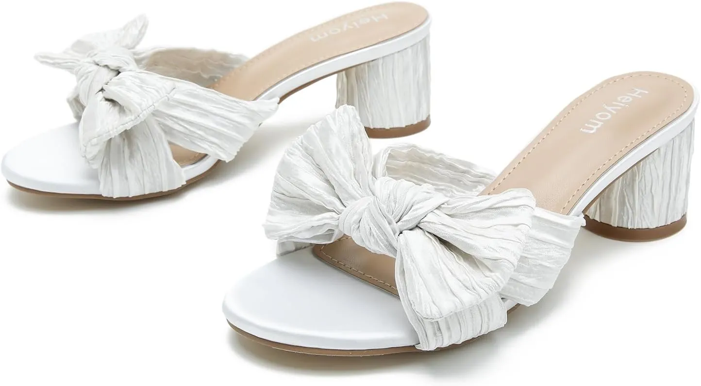 Mules Sandals Slip on Pleated Bow Heels Wedding Bridal Party Dress Shoes Heiyom Women's Bowknot Low imagist peculiar careless steal schoolroom trance Chunky Heels 