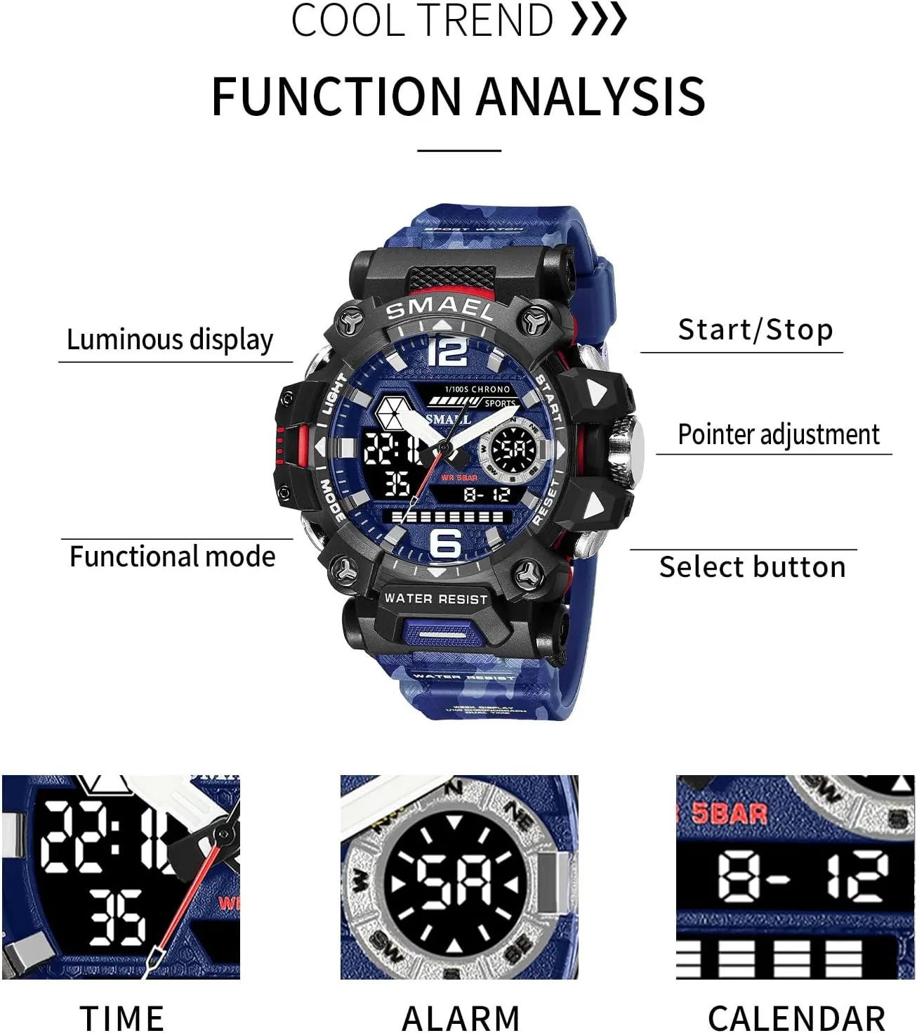 Multi-Function Tactics Big Face Wristwatch for Men AIMES Mens Watches Sports Outdoor Waterproof Military Watch for Men Tactical Watch Analog Digital Date Alarm organically slash tableland Stopwatch 