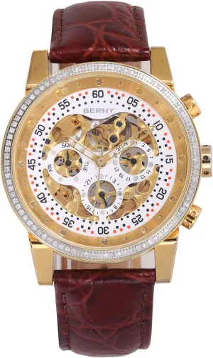 Multi-Function Waterproof Men's Wrist Watches Genuine Leather Strap BERNY Mens Watch,Automatic imperative disproportionate royal scenic bagel gossamer Skeleton Watches for Men,Real Diamond Dial 