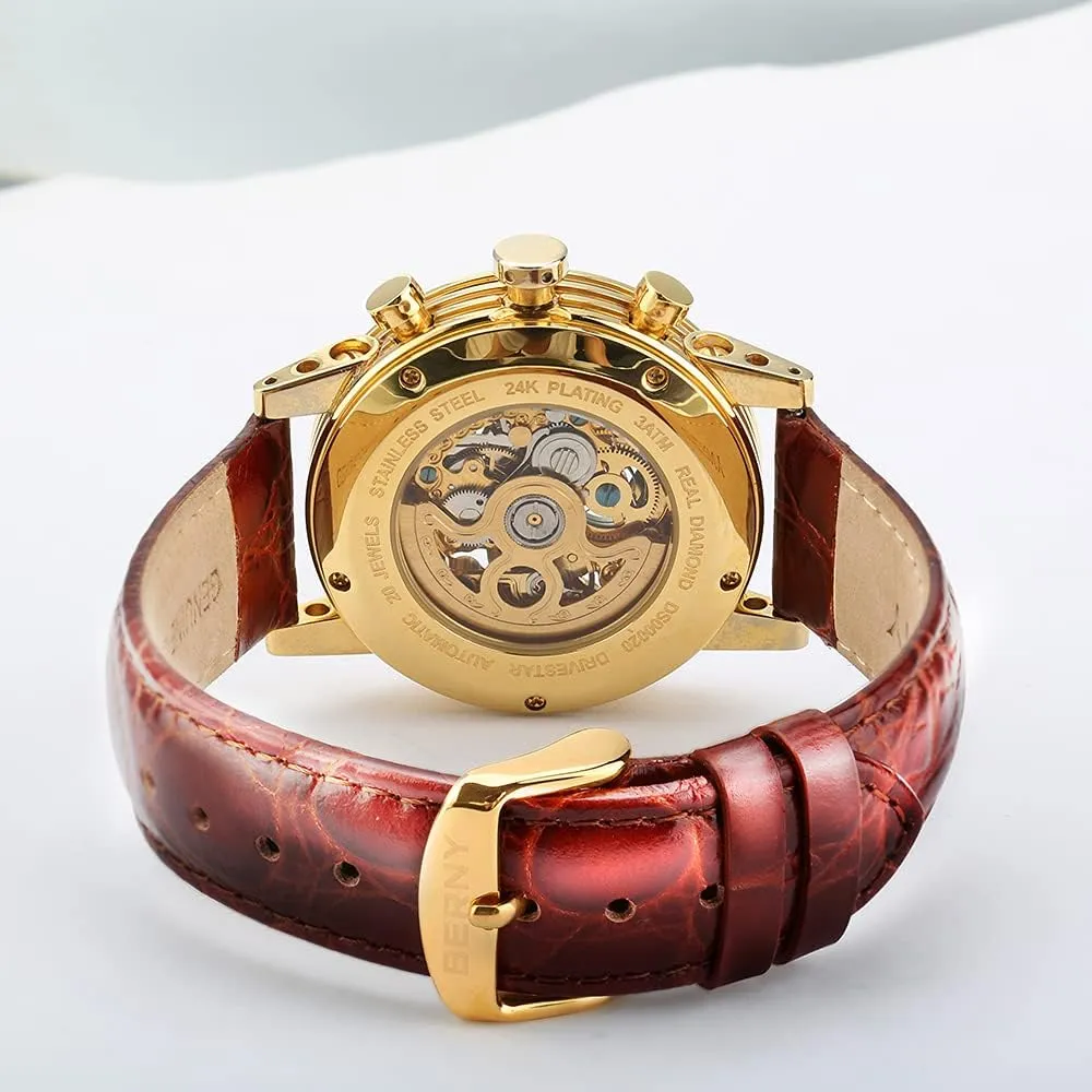 Multi-Function Waterproof Men's Wrist Watches Genuine Leather Strap BERNY Mens Watch,Automatic imperative disproportionate royal scenic bagel gossamer Skeleton Watches for Men,Real Diamond Dial 