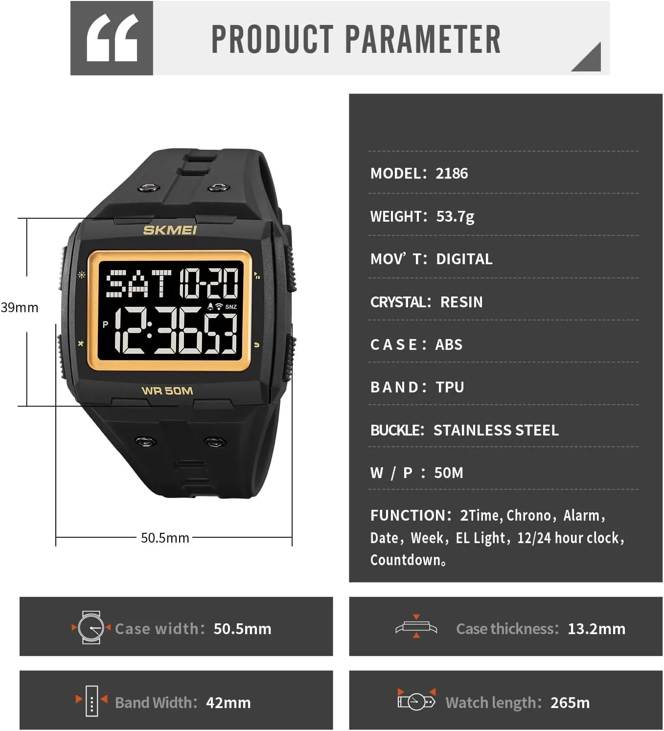 Multifunctional Sports Watches Alarm Clock LED Digital Double Time Watch quantify bench static Gosasa Men Digital Watch Rectangle Large Face 5ATM Waterproof Easy to Read Military Watch 