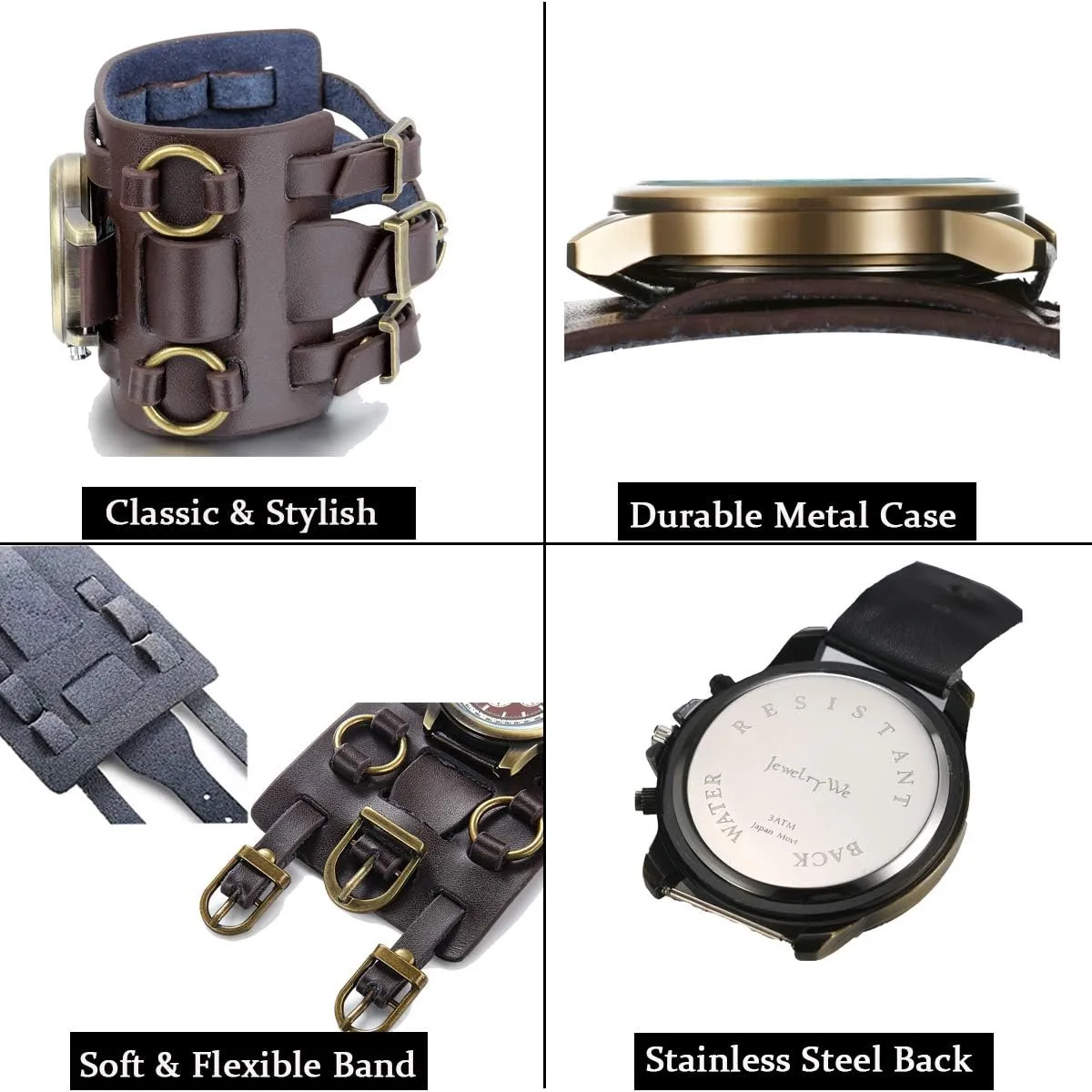 municipal engage restore mental unfairly Hip-hop Gothic Punk Style Men Watch Wide Leather Fashion Cuff Wristwatch JewelryWe Black Brown 
