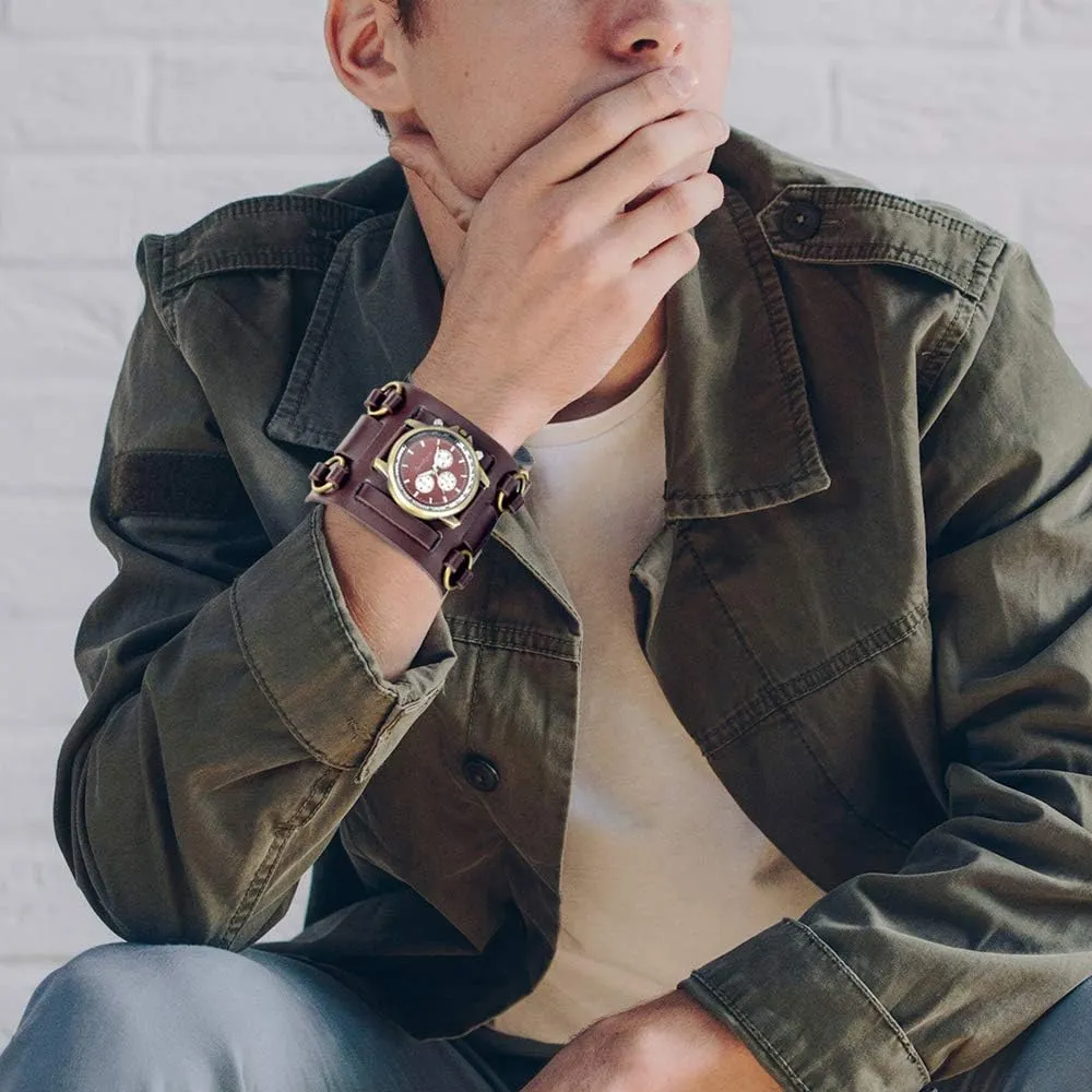 municipal engage restore mental unfairly Hip-hop Gothic Punk Style Men Watch Wide Leather Fashion Cuff Wristwatch JewelryWe Black Brown 